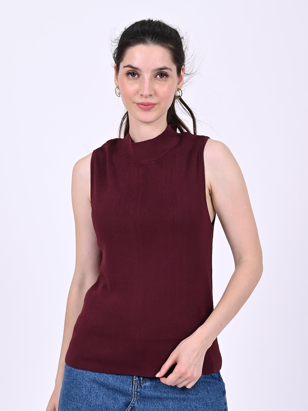 Viscose Sleeveless with Turtle Neck Ribbed Maximum Stretchable Wine Top