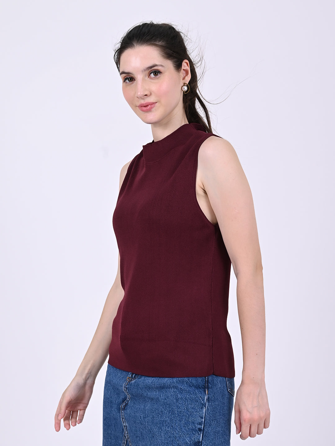 Viscose Sleeveless with Turtle Neck Ribbed Maximum Stretchable Wine Top