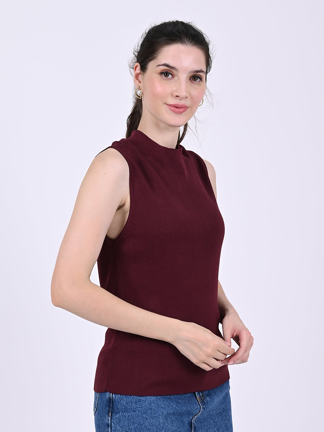 Viscose Sleeveless with Turtle Neck Ribbed Maximum Stretchable Wine Top