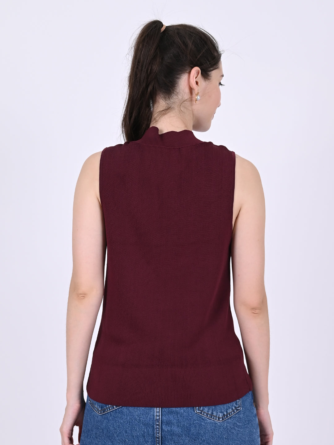 Viscose Sleeveless with Turtle Neck Ribbed Maximum Stretchable Wine Top