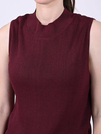 Viscose Sleeveless with Turtle Neck Ribbed Maximum Stretchable Wine Top