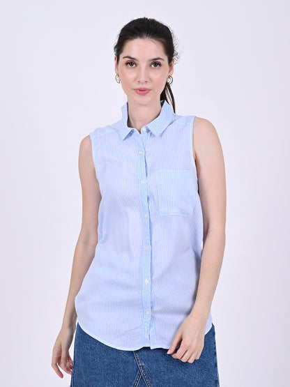 Viscose Sleeveless with shirt collar Striped Blue & White Shirt Style Top