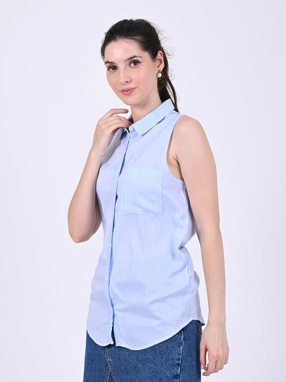 Viscose Sleeveless with shirt collar Striped Blue & White Shirt Style Top