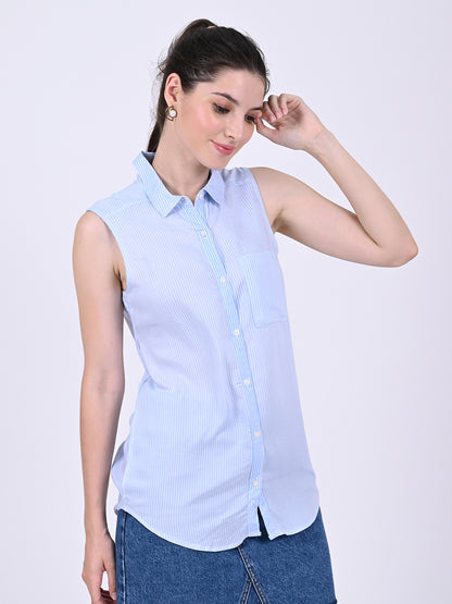 Viscose Sleeveless with shirt collar Striped Blue & White Shirt Style Top