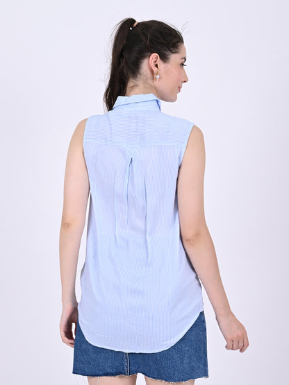 Viscose Sleeveless with shirt collar Striped Blue & White Shirt Style Top