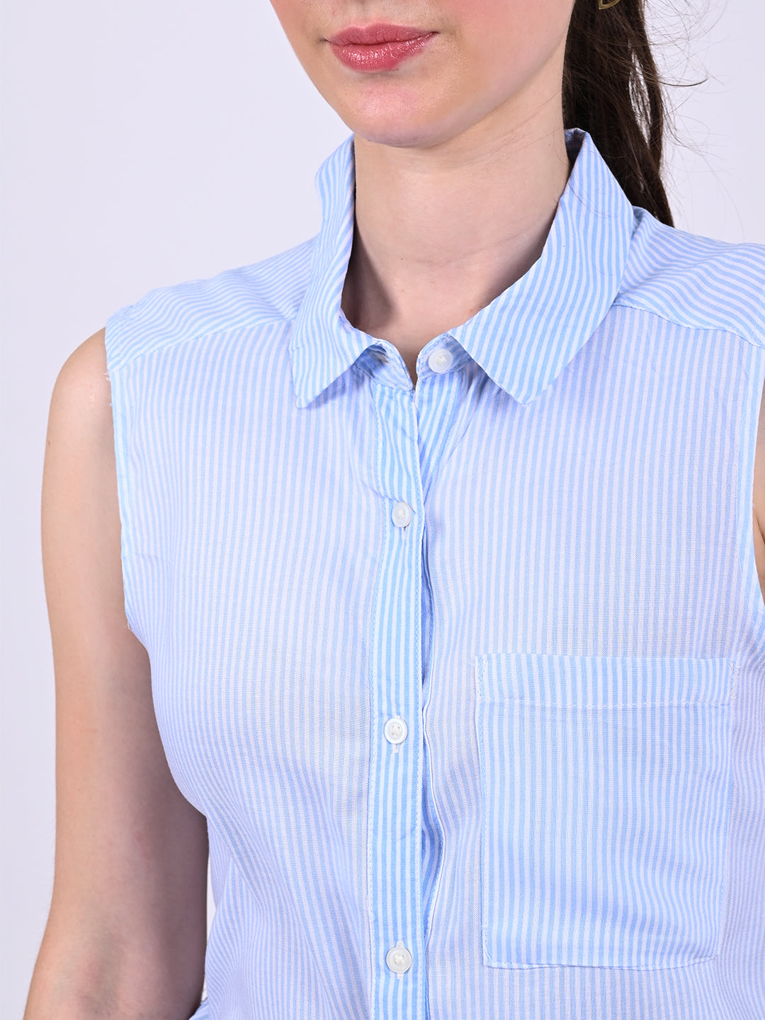 Viscose Sleeveless with shirt collar Striped Blue & White Shirt Style Top