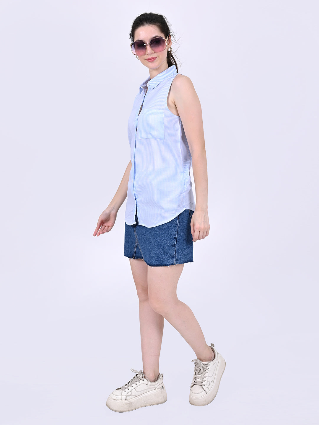 Viscose Sleeveless with shirt collar Striped Blue & White Shirt Style Top