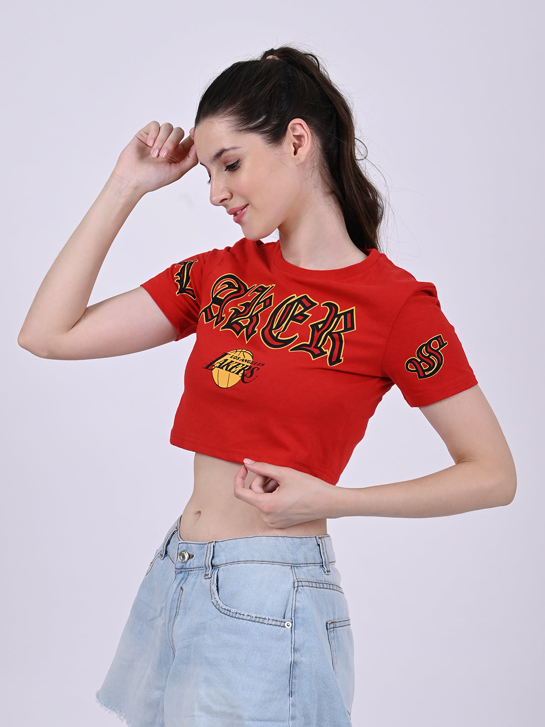 Cotton Round Neck with short sleeve Red Crop Top T-Shirt