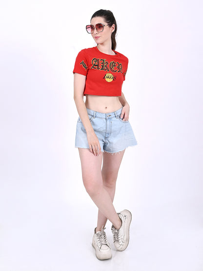 Cotton Round Neck with short sleeve Red Crop Top T-Shirt