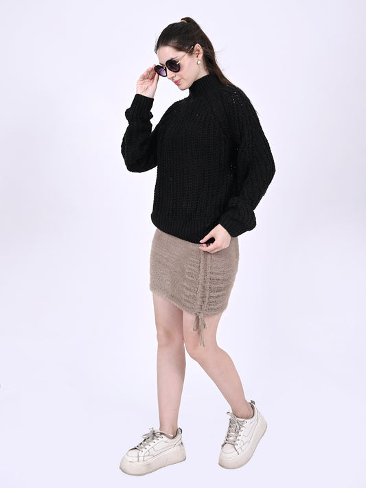 Polyester Full Sleeve with Turtle Neck Knitted Black Sweater