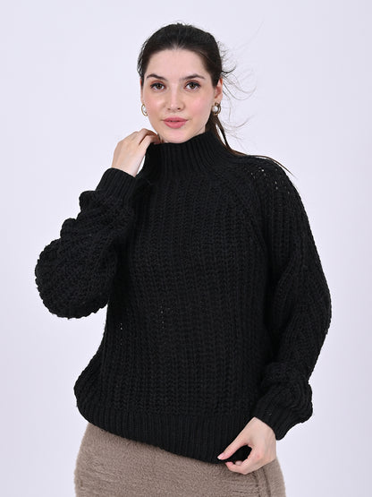 Polyester Full Sleeve with Turtle Neck Knitted Black Sweater