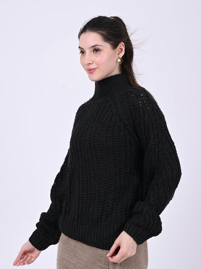 Polyester Full Sleeve with Turtle Neck Knitted Black Sweater