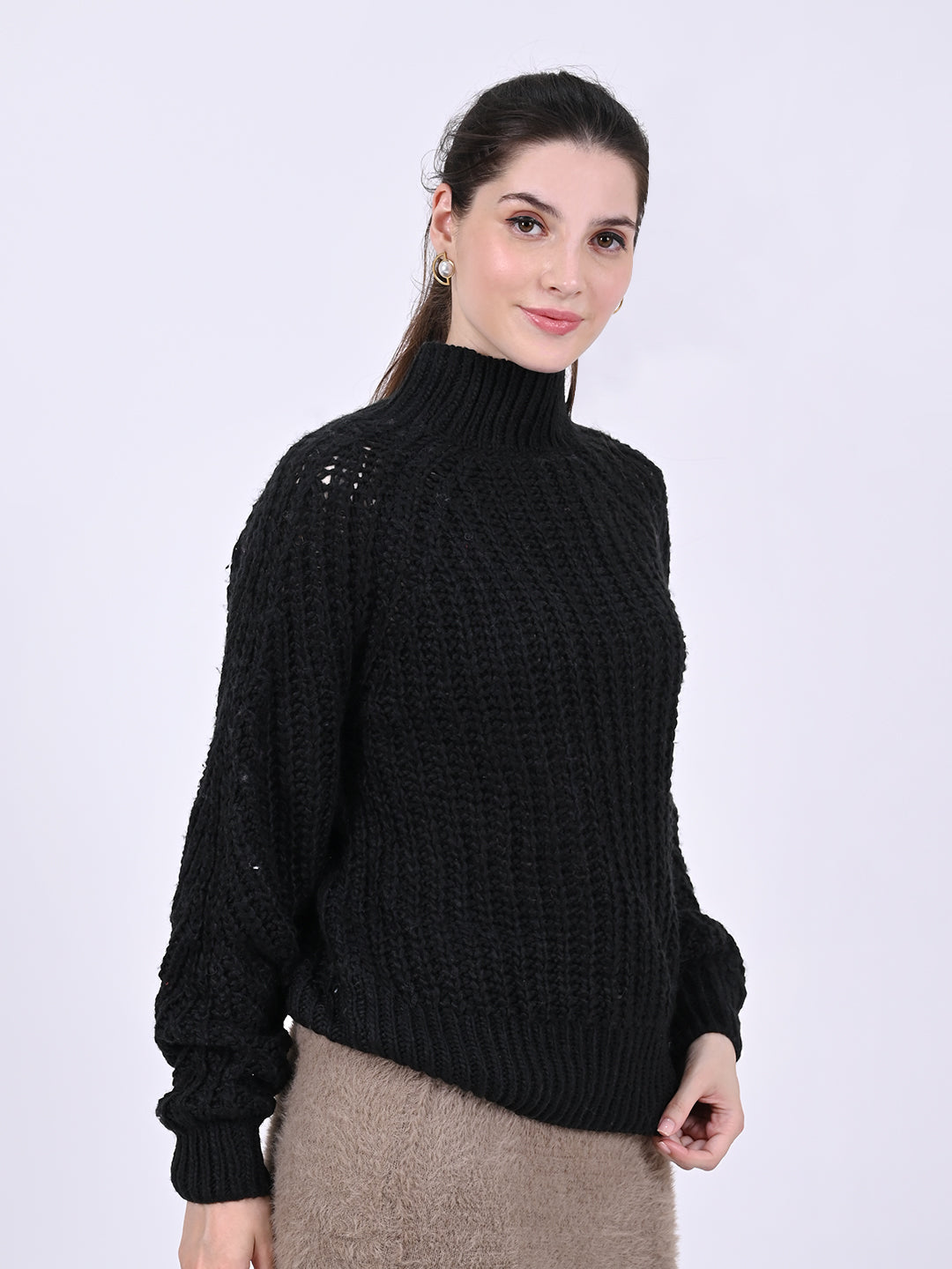 Polyester Full Sleeve with Turtle Neck Knitted Black Sweater