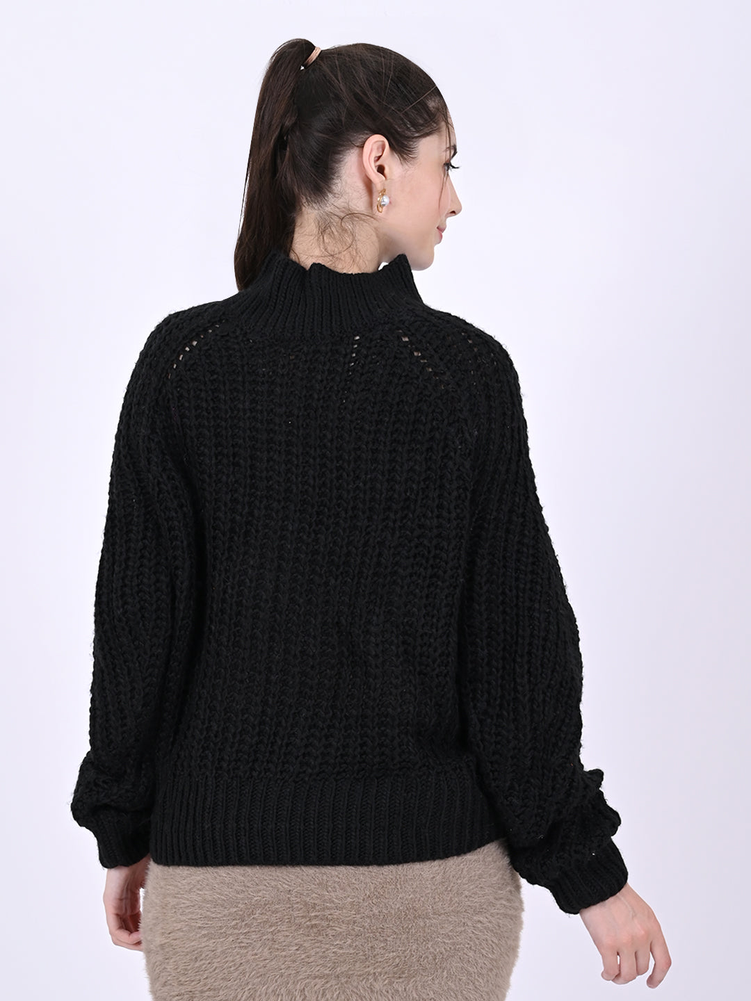 Polyester Full Sleeve with Turtle Neck Knitted Black Sweater