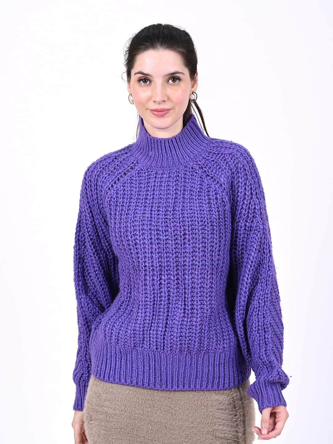 Polyester Full Sleeve with Turtle Neck Knitted Purple Sweater