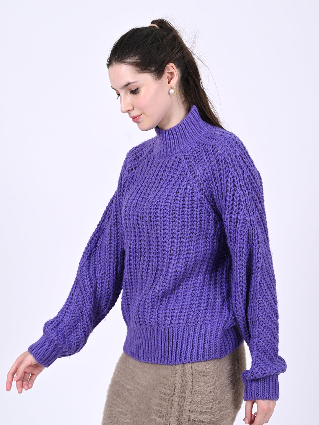 Polyester Full Sleeve with Turtle Neck Knitted Purple Sweater