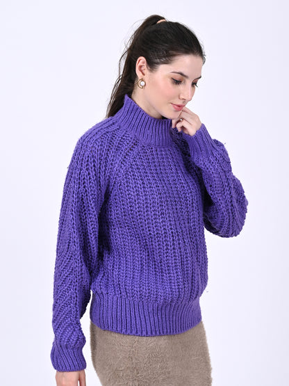 Polyester Full Sleeve with Turtle Neck Knitted Purple Sweater