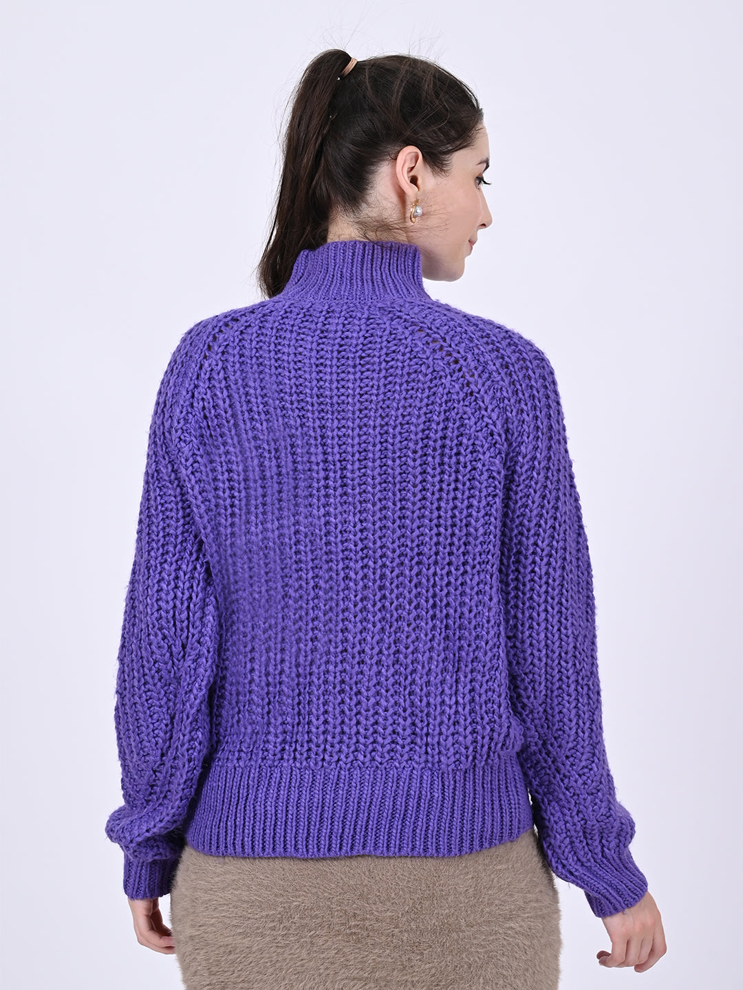 Polyester Full Sleeve with Turtle Neck Knitted Purple Sweater