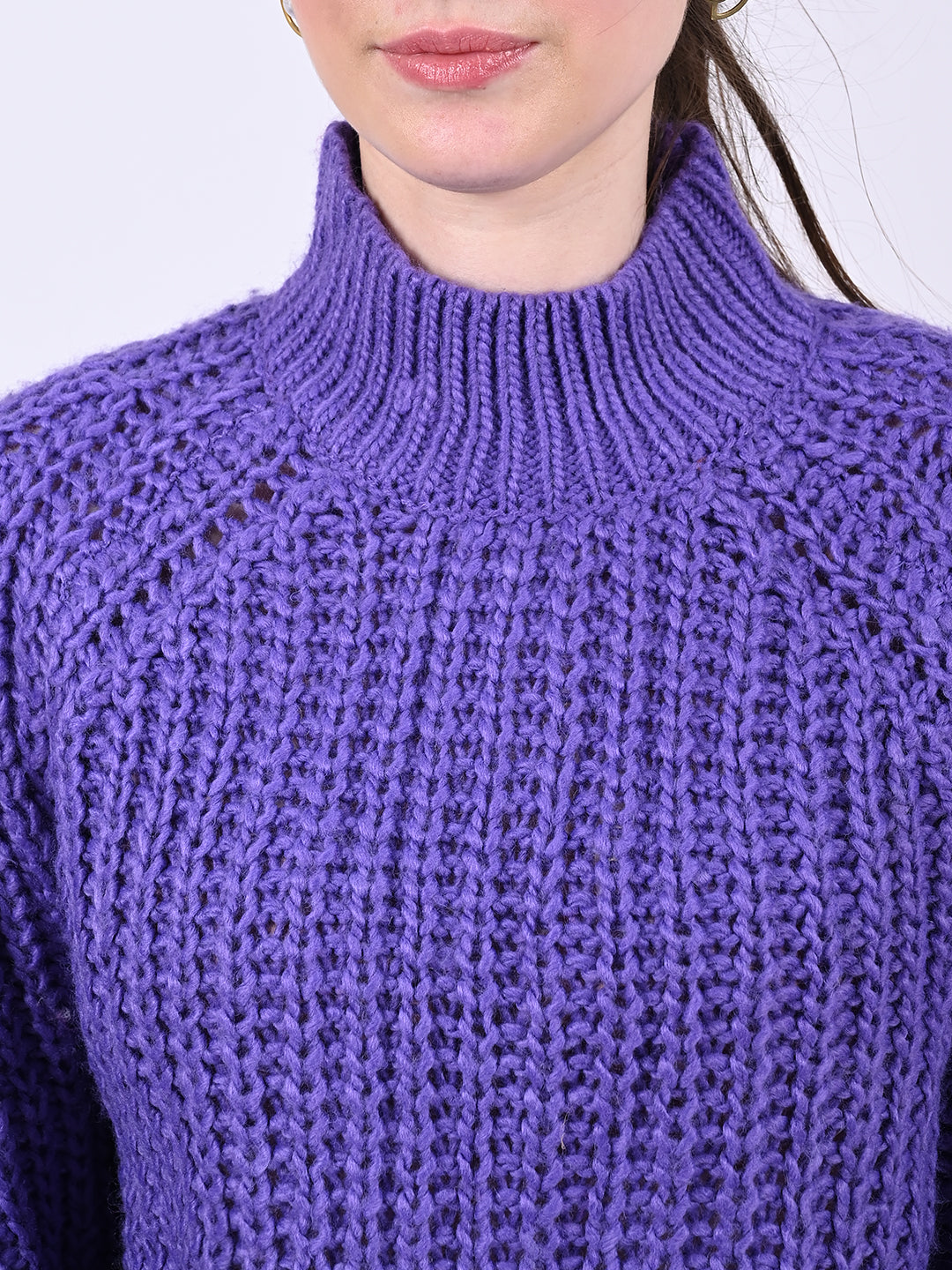 Polyester Full Sleeve with Turtle Neck Knitted Purple Sweater