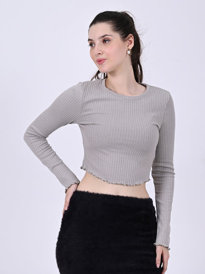 Cotton Ribbed Full Sleeve with round neck Stretchable Crop Grey Top