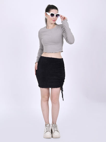 Cotton Ribbed Full Sleeve with round neck Stretchable Crop Grey Top