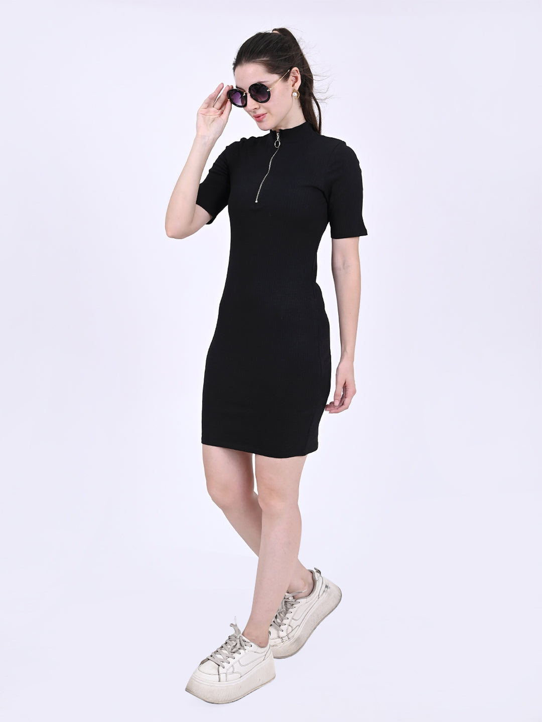 Polyester Short Sleeves High Neck Zip Detail Ribbed Sheath Mini Black Dress