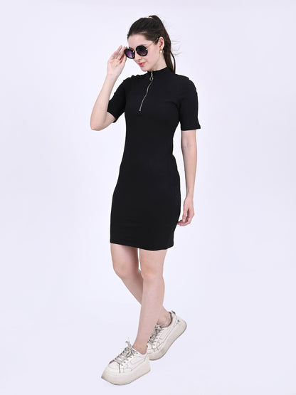 Polyester Short Sleeves High Neck Zip Detail Ribbed Sheath Mini Black Dress