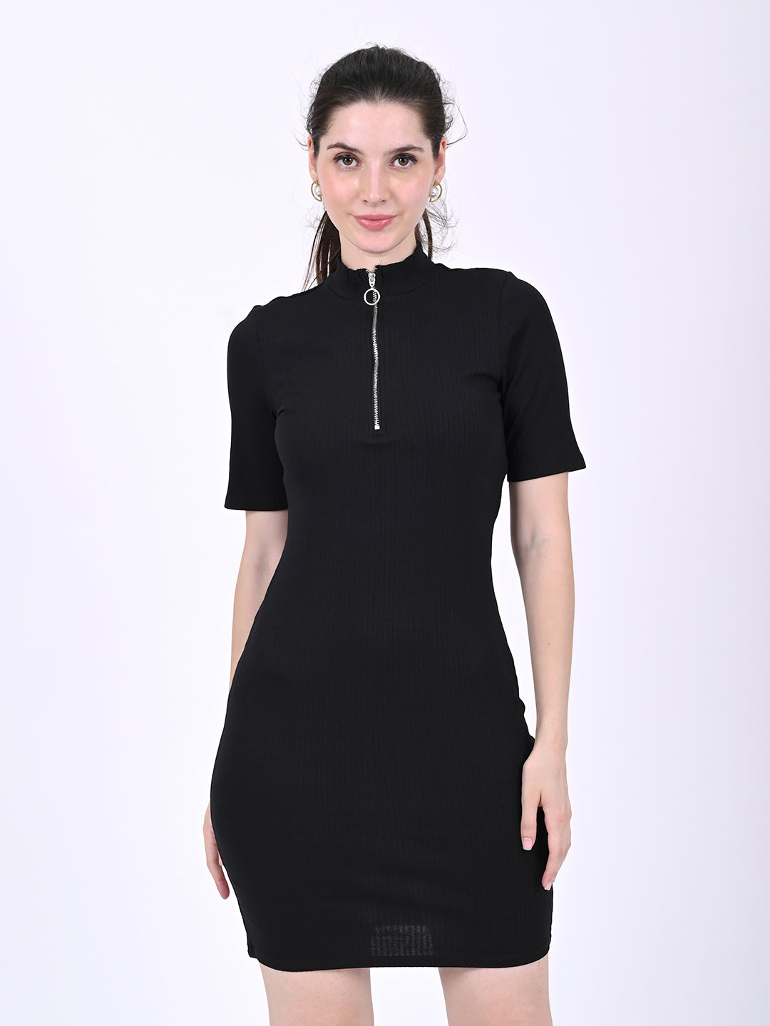 Polyester Short Sleeves High Neck Zip Detail Ribbed Sheath Mini Black Dress