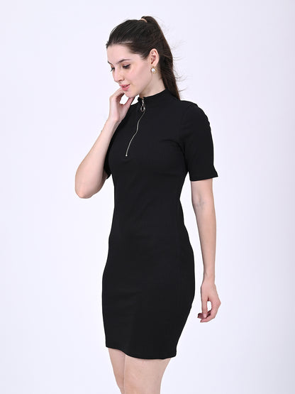 Polyester Short Sleeves High Neck Zip Detail Ribbed Sheath Mini Black Dress