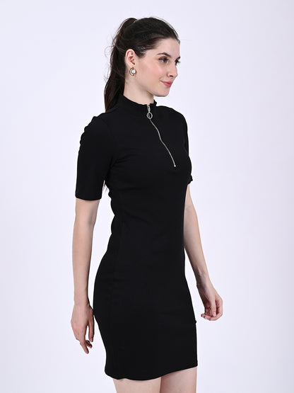 Polyester Short Sleeves High Neck Zip Detail Ribbed Sheath Mini Black Dress