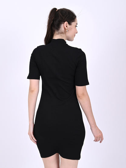 Polyester Short Sleeves High Neck Zip Detail Ribbed Sheath Mini Black Dress