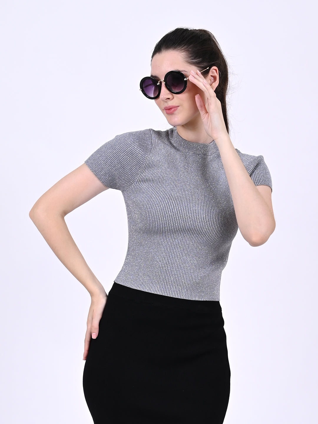 Viscose Short Sleeve with Crew Neck Cropped Ribbed Silver Top