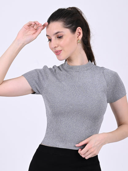 Viscose Short Sleeve with Crew Neck Cropped Ribbed Silver Top