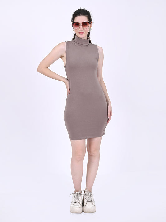 Polyester with Sleeveless Stretchable High-Neck Bodycon Cedar Dress