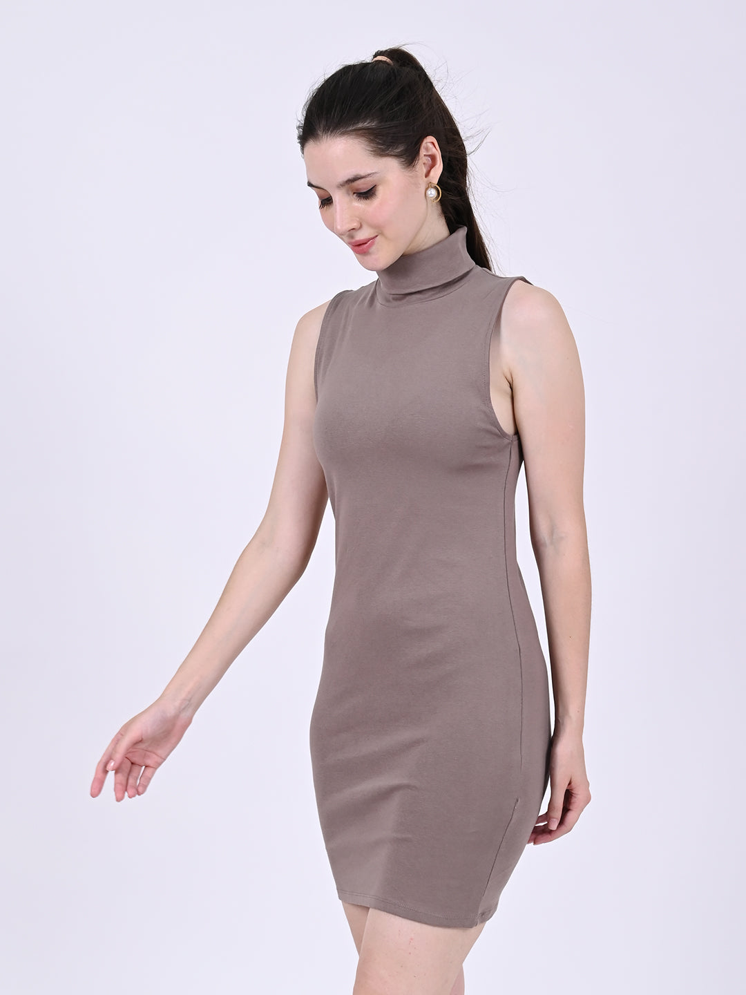 Polyester with Sleeveless Stretchable High-Neck Bodycon Cedar Dress