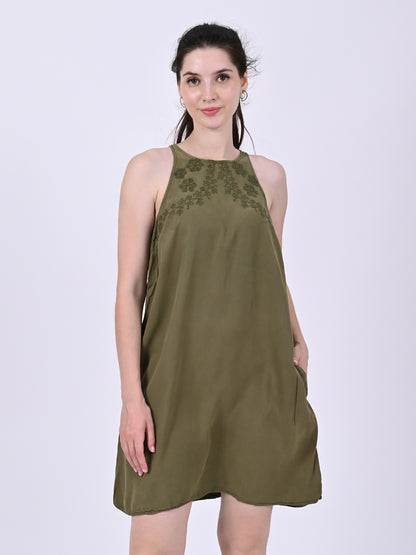 Cotton Round neck with sleeveless Slip pocket Shift Olive Green Dress