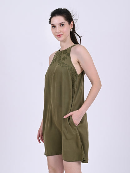 Cotton Round neck with sleeveless Slip pocket Shift Olive Green Dress