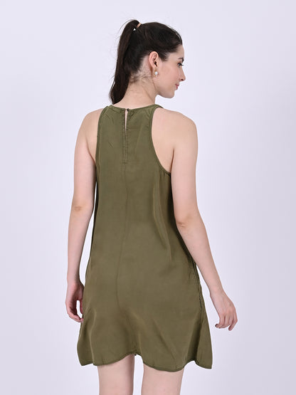 Cotton Round neck with sleeveless Slip pocket Shift Olive Green Dress