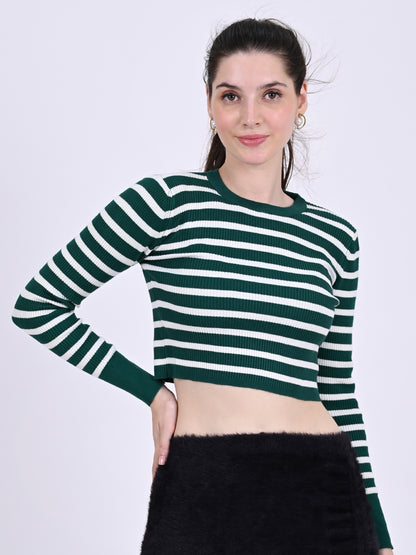 Cotton Full Sleeve with Round Neck stretchable Striped Green Crop Top