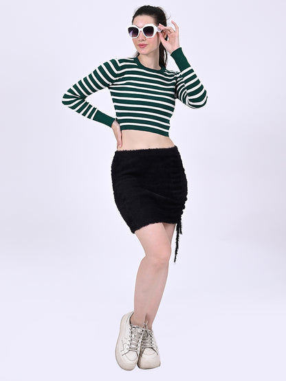 Cotton Full Sleeve with Round Neck stretchable Striped Green Crop Top