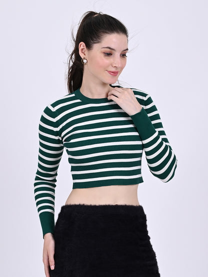 Cotton Full Sleeve with Round Neck stretchable Striped Green Crop Top