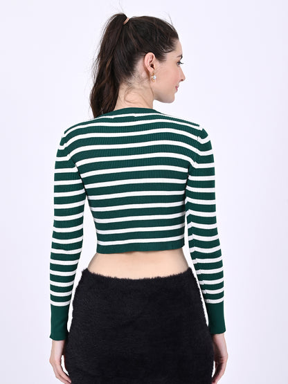 Cotton Full Sleeve with Round Neck stretchable Striped Green Crop Top