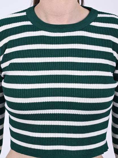 Cotton Full Sleeve with Round Neck stretchable Striped Green Crop Top