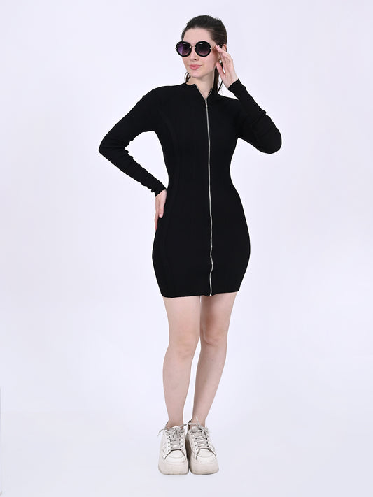 Viscose Full Sleeve with Front Zip closure Black Bodycon Solid Dress