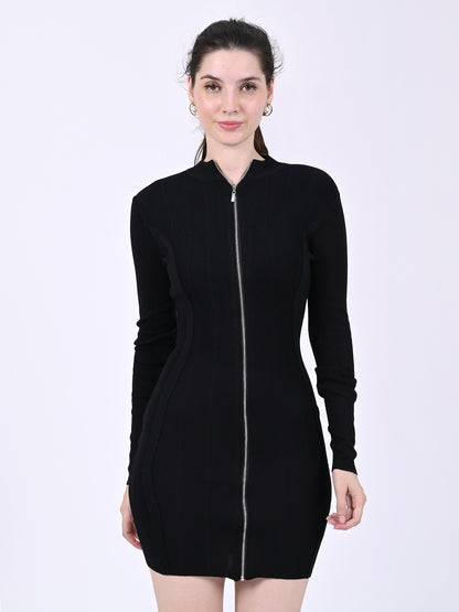 Viscose Full Sleeve with Front Zip closure Black Bodycon Solid Dress