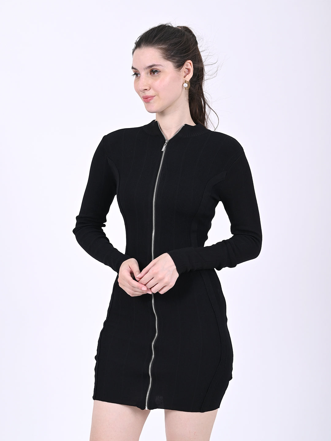 Viscose Full Sleeve with Front Zip closure Black Bodycon Solid Dress