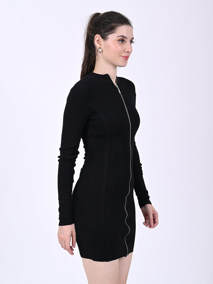 Viscose Full Sleeve with Front Zip closure Black Bodycon Solid Dress