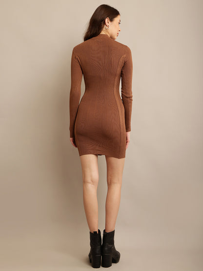 Viscose Full Sleeve with Front Zip closure Brown Bodycon Solid Dress