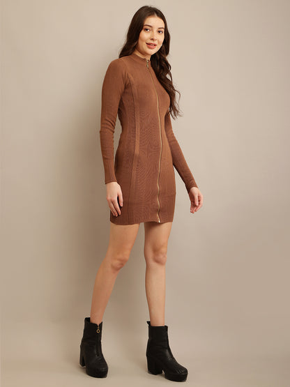 Viscose Full Sleeve with Front Zip closure Brown Bodycon Solid Dress