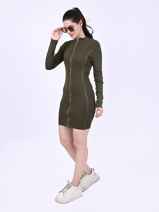 Viscose Full Sleeve with Front Zip closure Green Bodycon Solid Dress